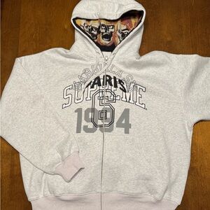 Supreme Light Gray Paris 1994 Zip Hoodie with Skull-Print Lined Hood